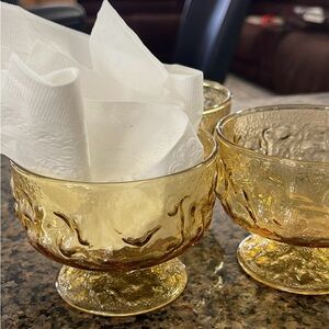 Vintage Anchor Hocking Footed Dessert Dishes, Milano Honey Gold Crinkle Glass